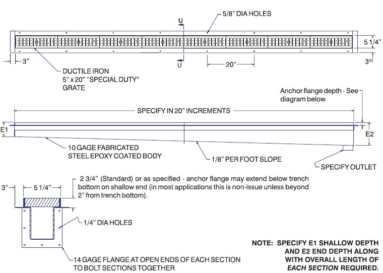 T1330FLFAB 6" Wide, Presloped, Fabricated, Steel Trench Drain